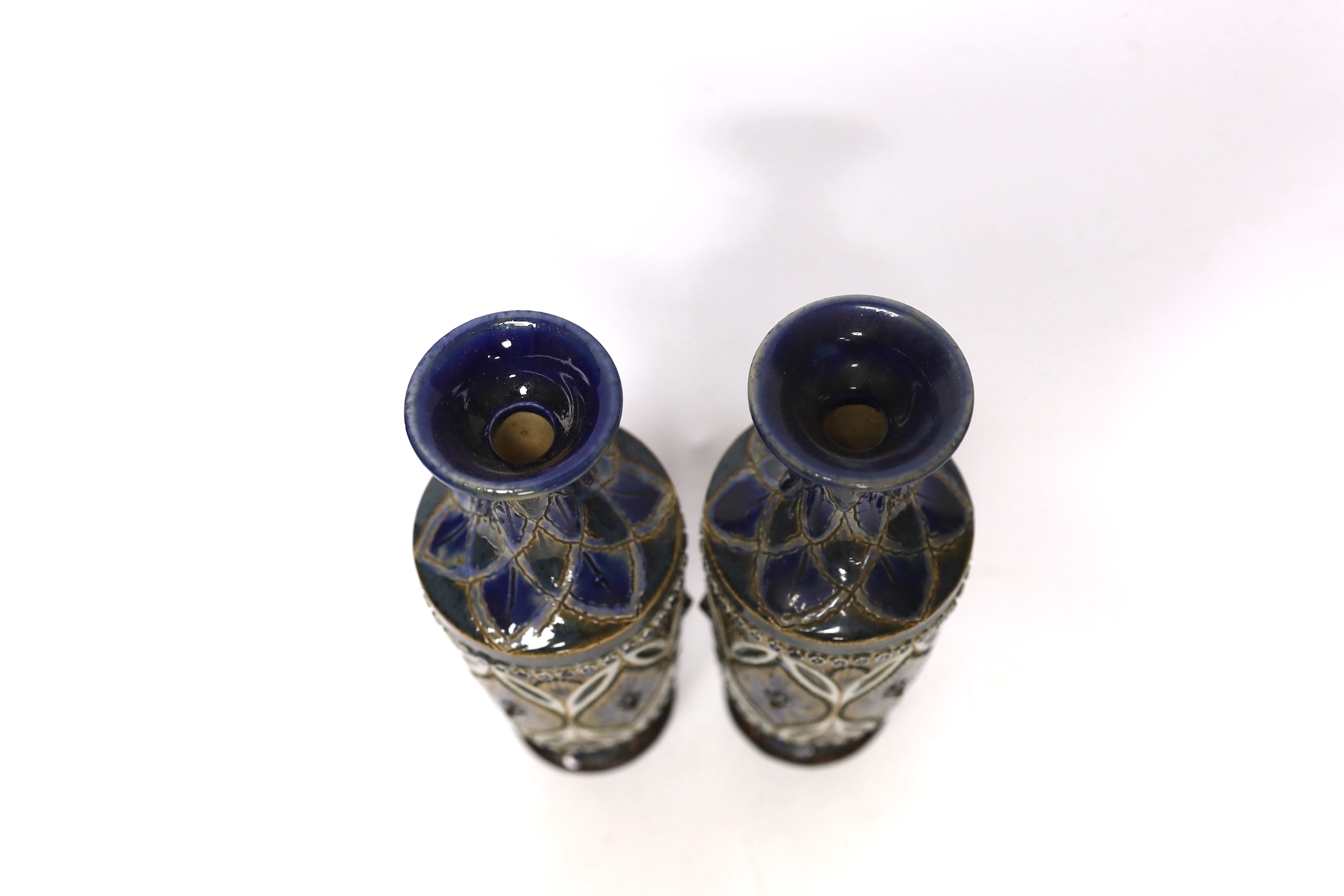 A pair of Doulton Lambeth stoneware vases, decorated by Elizabeth Fisher, stamped and incised to the bases, each 21cm high